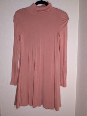 Lulus Dusty Rose Long Sleeve Turtleneck Swing Dress S Soft Boho Flowy